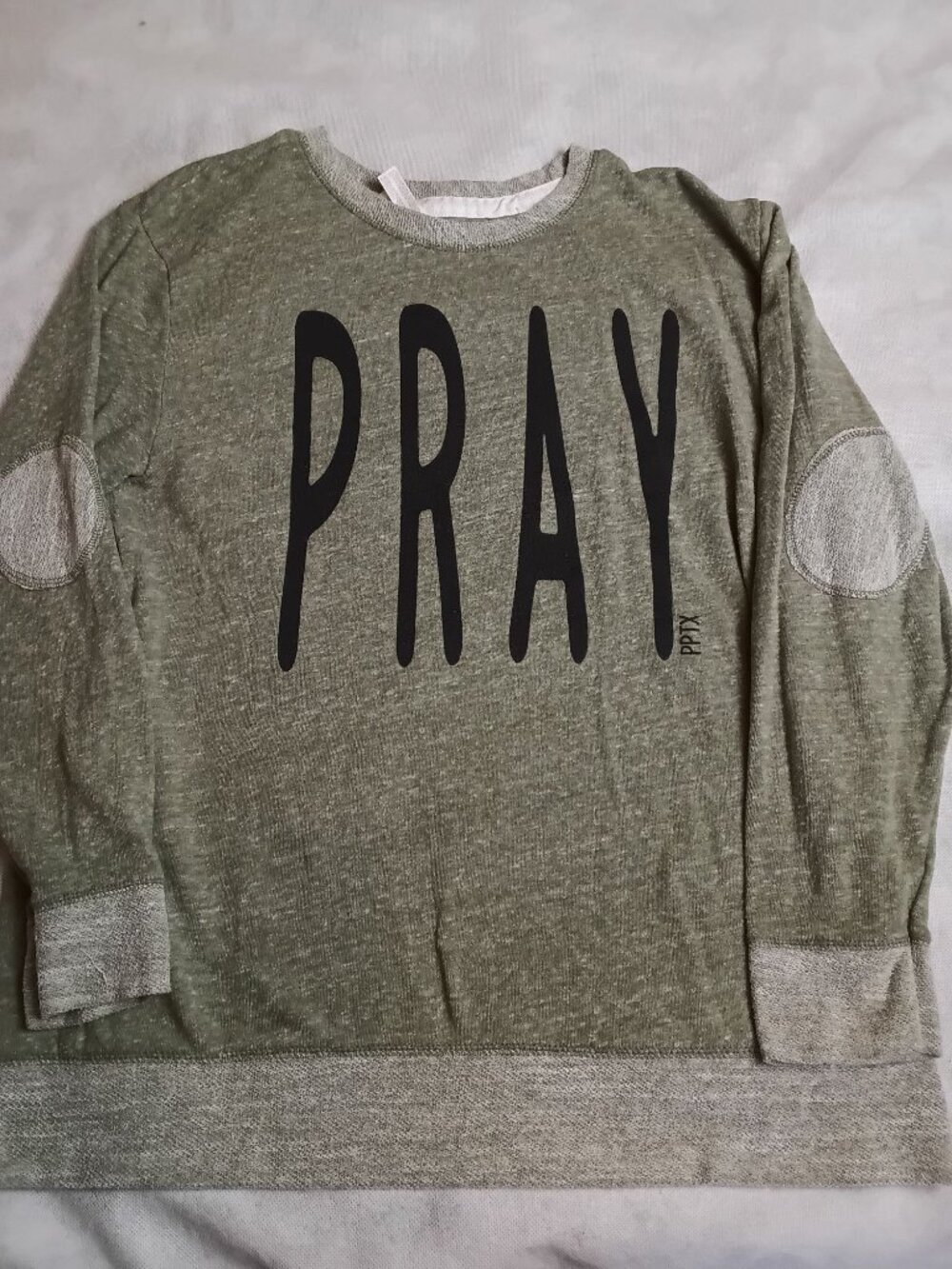 LAT Apparel PRAY Sweatshirt Womens L Elbow Patch Graphic Faith Top